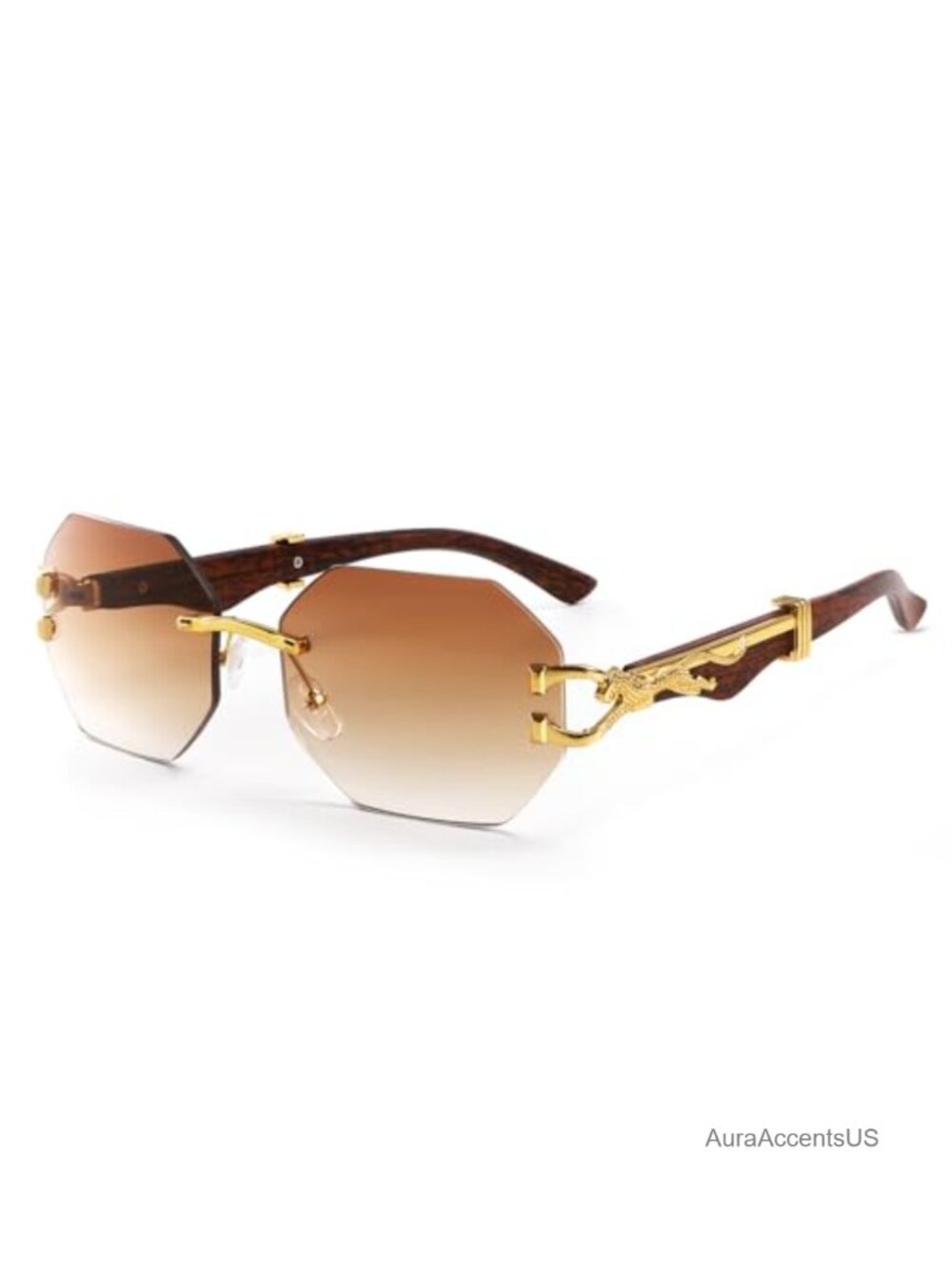 Rimless Sunglasses Wood Grain Temples UV400 Unisex Adults